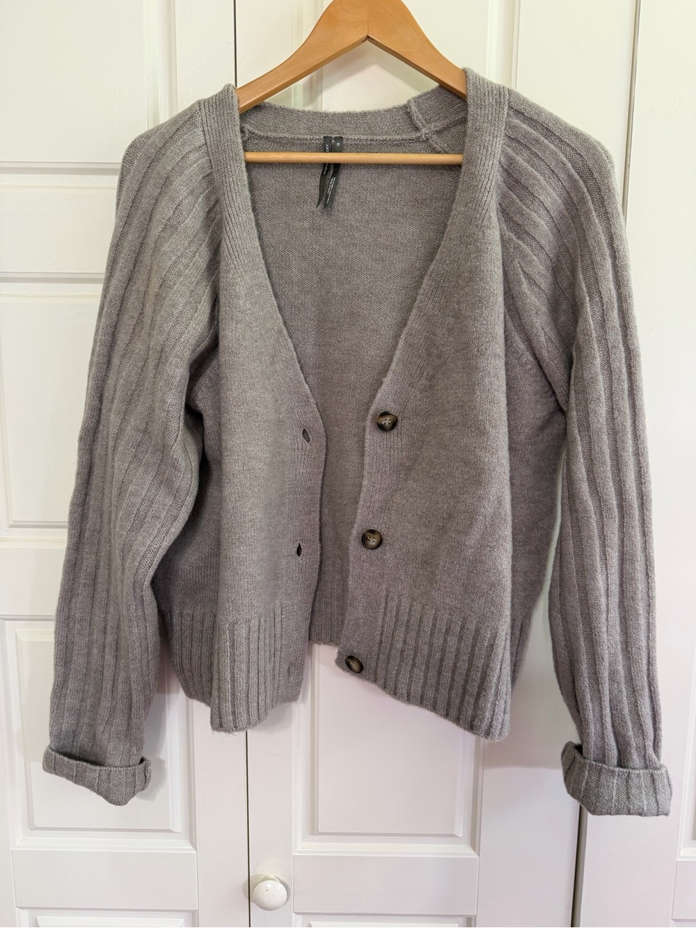 Anthropologie Light Gray Ribbed-Sleeve V-Neck Cardigan
